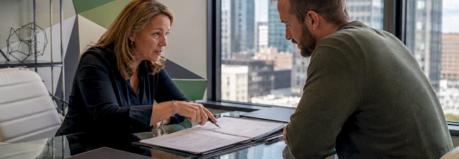 Insurance agent reviewing vehicle damage claim with client