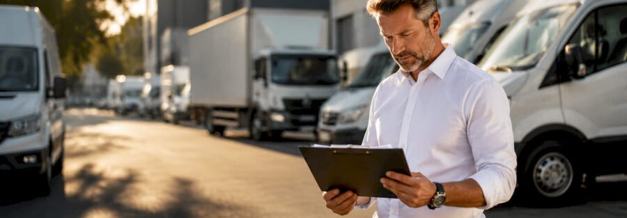 Fleet manager reviewing hired auto insurance documents outdoors