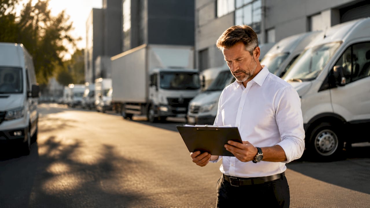 Fleet manager reviewing hired auto insurance documents outdoors