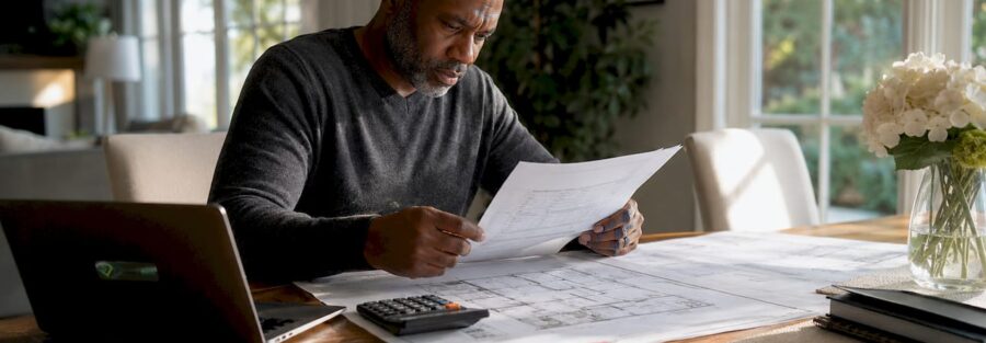 Property owner reviewing insurance documents