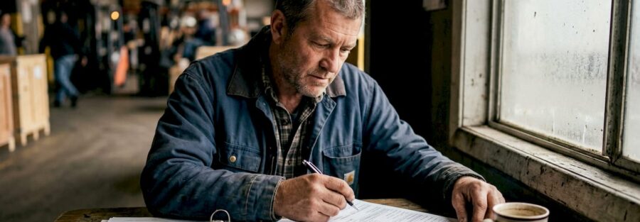 Truck driver reviewing compliance documents