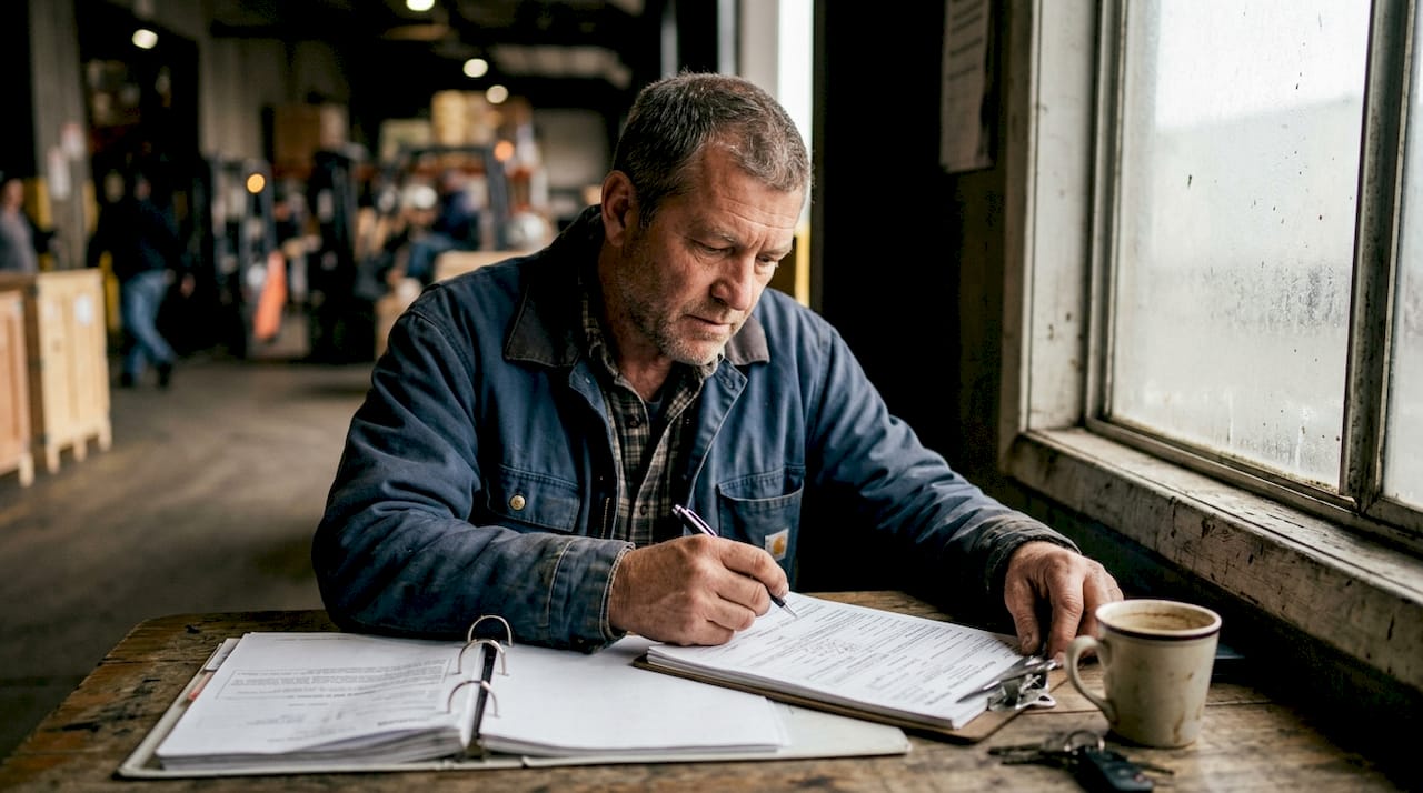 Truck driver reviewing compliance documents