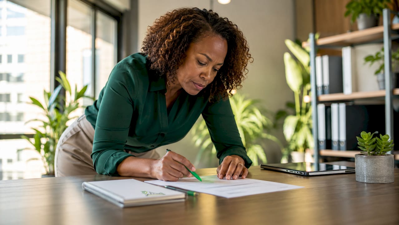Woman reviewing insurance policy documents at home