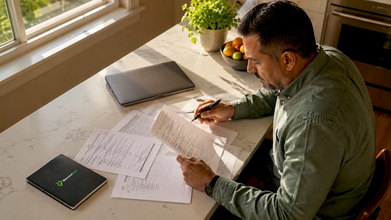 Man reviewing auto insurance policy documents at home