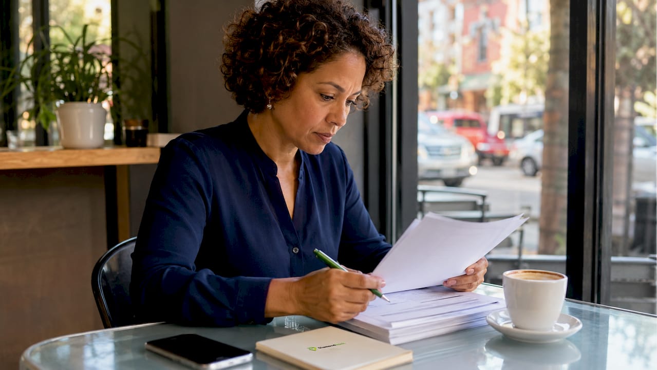 Businesswoman reviewing fleet insurance documents in office