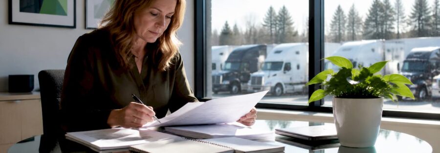 Fleet manager reviewing trucking insurance documents