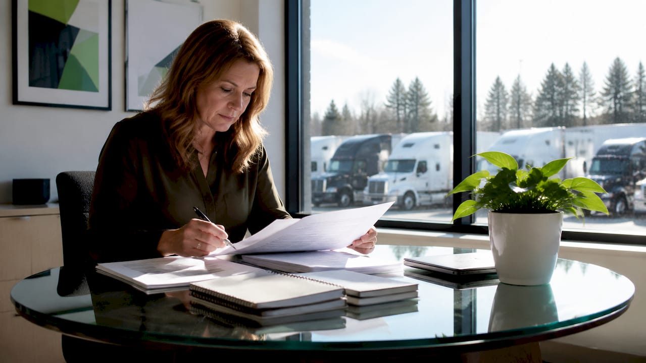Fleet manager reviewing trucking insurance documents