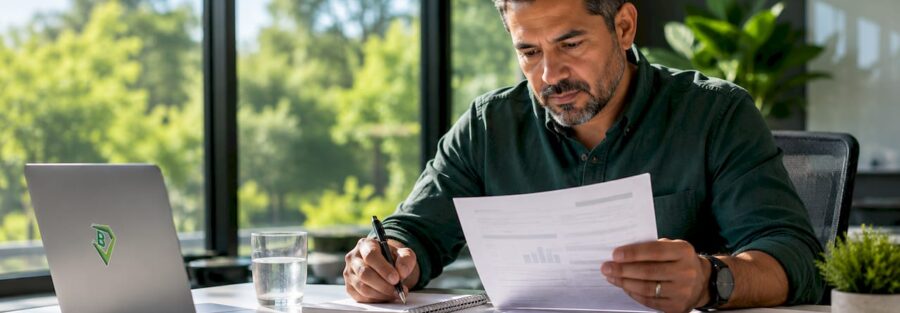 Fleet manager checking service truck insurance documents