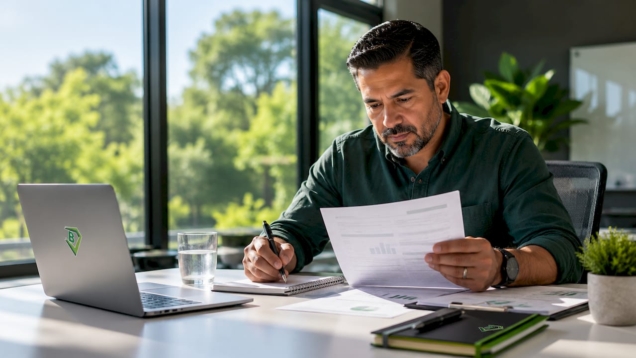 Fleet manager checking service truck insurance documents