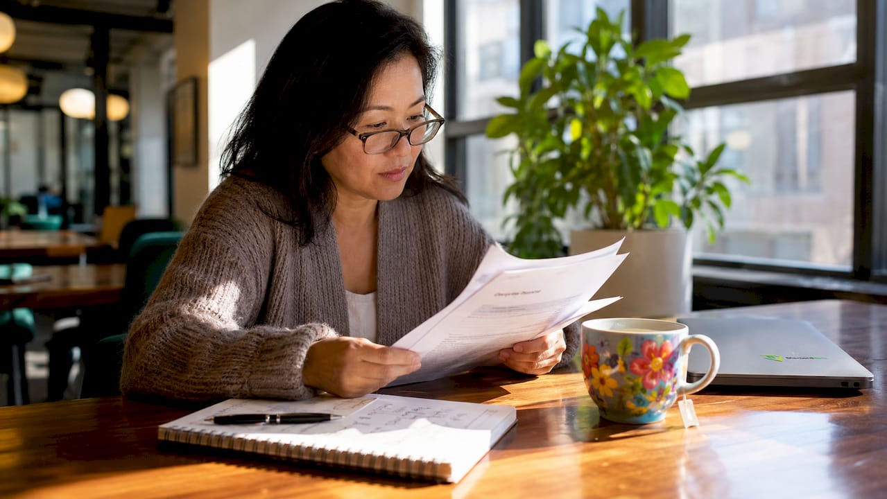 Woman reviewing insurance documents at home desk