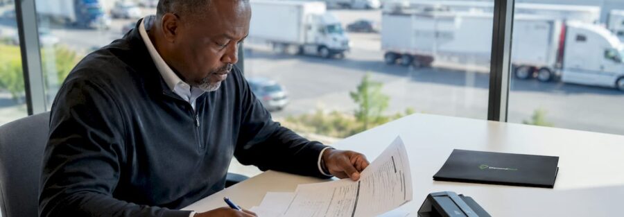 Manager reviewing DOT insurance documents at desk