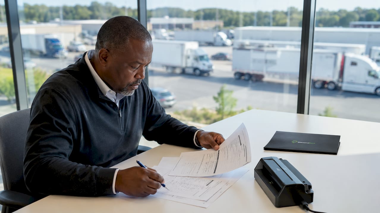 Manager reviewing DOT insurance documents at desk