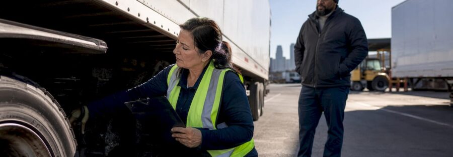 Inspector checking commercial truck tire