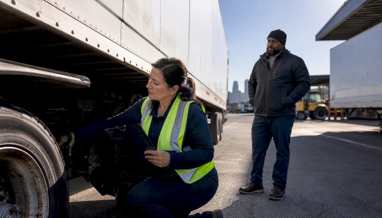 Inspector checking commercial truck tire