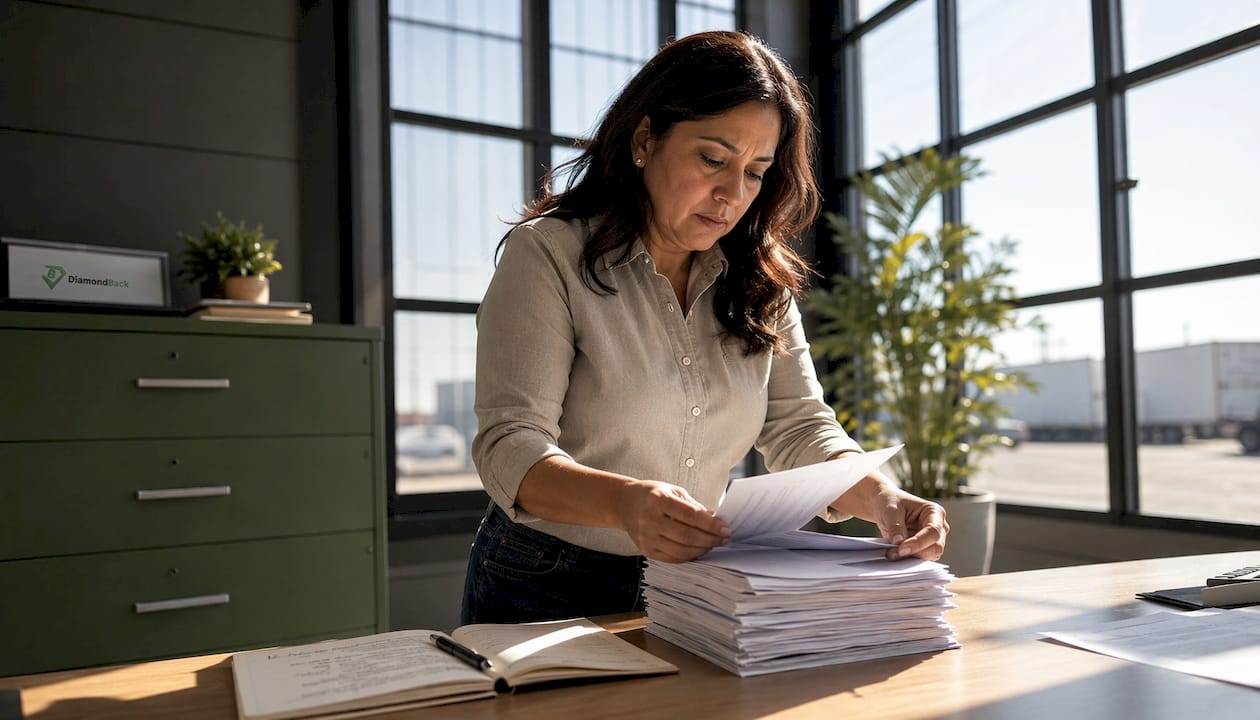 Manager reviewing box truck insurance policies