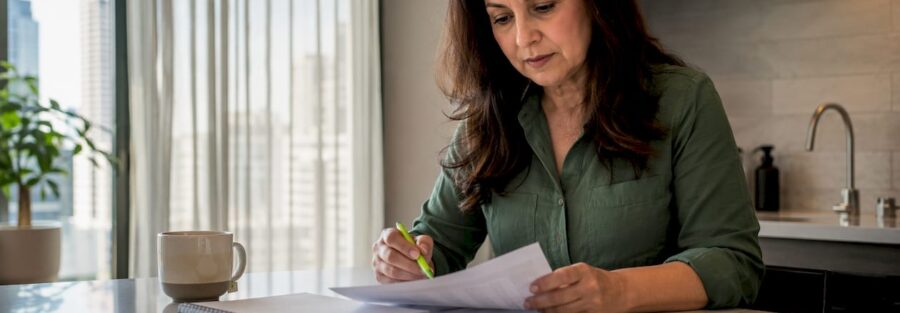 Woman reviewing insurance policy at home