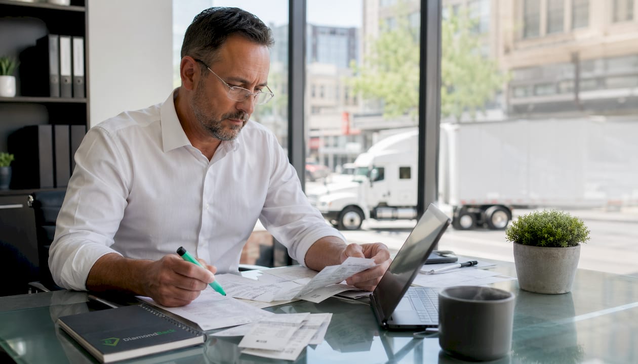 Owner-operator reviewing trucking tax documents