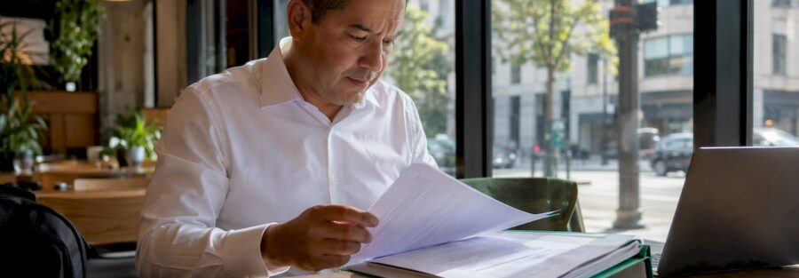 Man reviewing flood insurance documents in office with fleet view