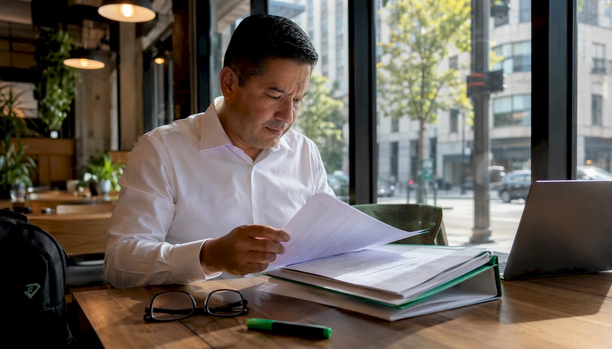 Man reviewing flood insurance documents in office with fleet view