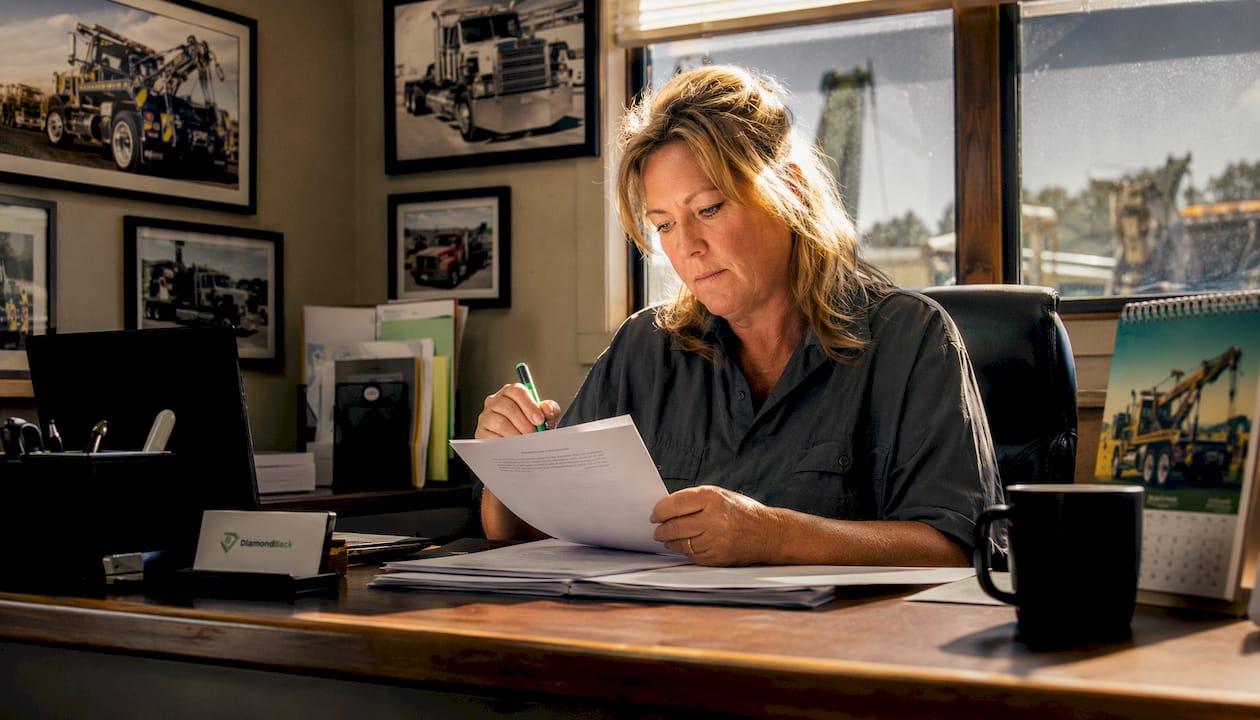 Tow truck operator reviewing insurance documents