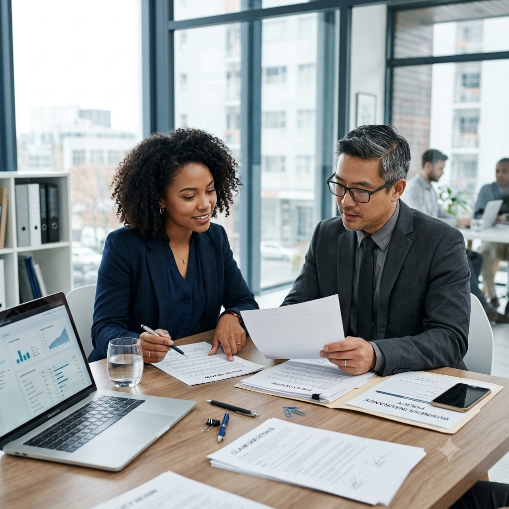 Business owner reviewing documents while planning best insurance business owners options.