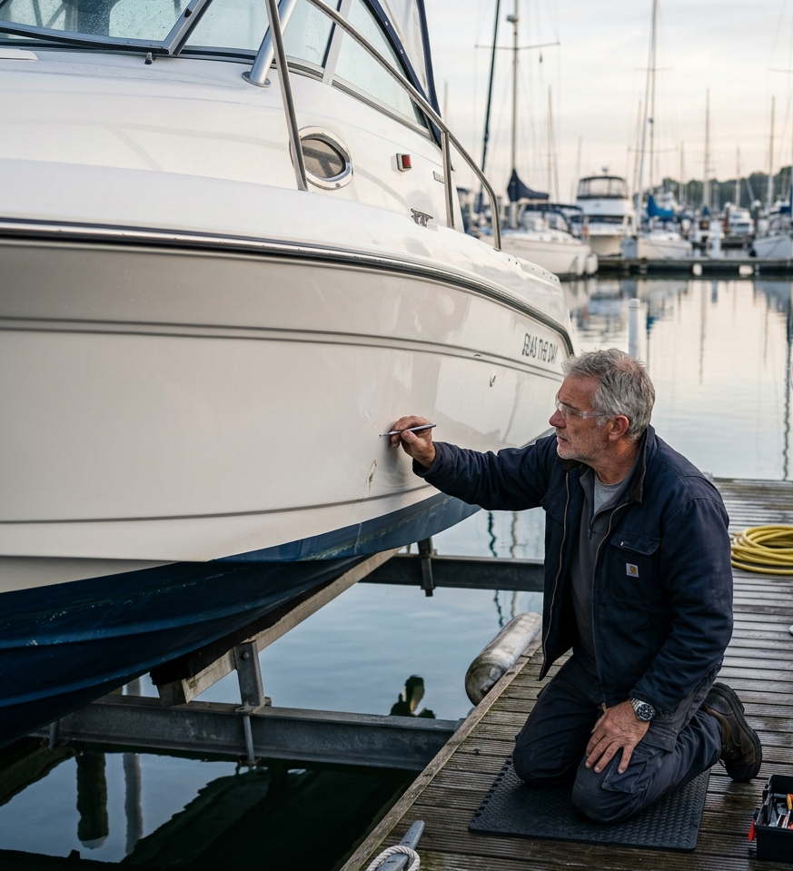 Boat owner inspecting the hull before launching a recreational boat at a marina. Preparing the hull before boating supports safer and more enjoyable days on the water.