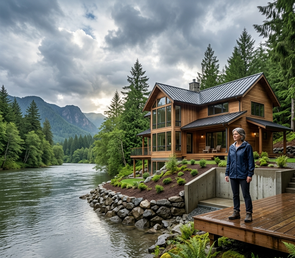 Home near a river in Oregon protected with flood insurance by DimondBack Insurance.