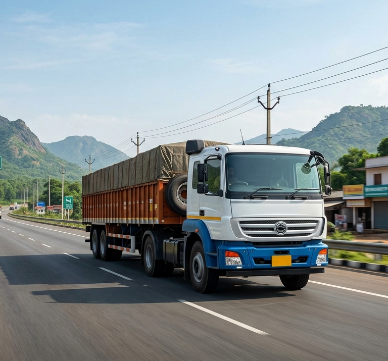 Commercial freight truck driving on a modern highway in India during daylight.