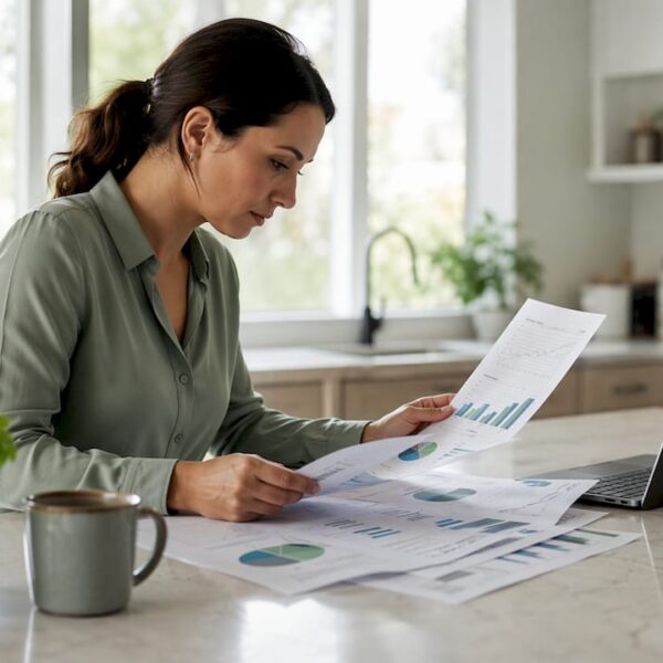 Woman analyzing video platform printouts at home office