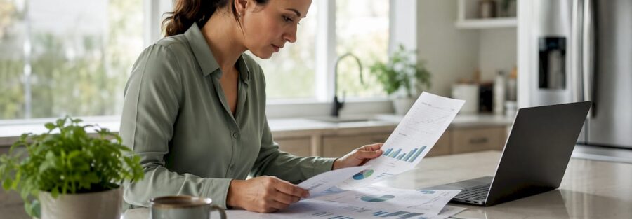 Woman analyzing video platform printouts at home office