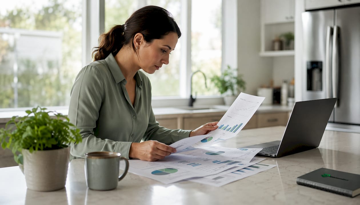 Woman analyzing video platform printouts at home office