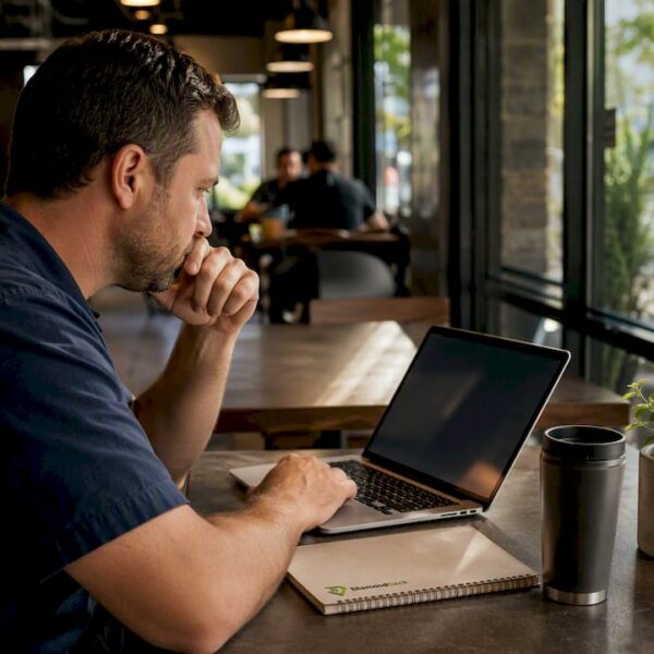 Truck owner comparing insurance quotes on laptop