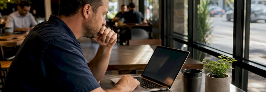 Truck owner comparing insurance quotes on laptop