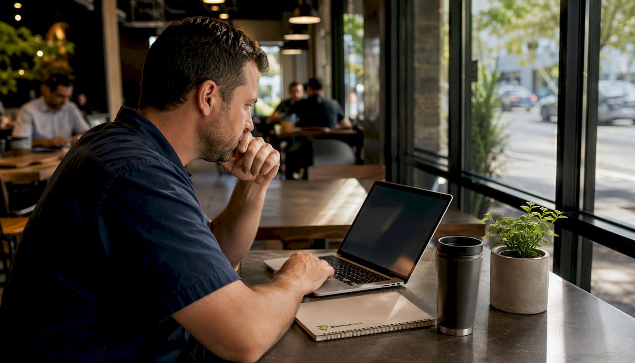 Truck owner comparing insurance quotes on laptop
