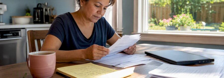 Woman comparing insurance quotes at home desk
