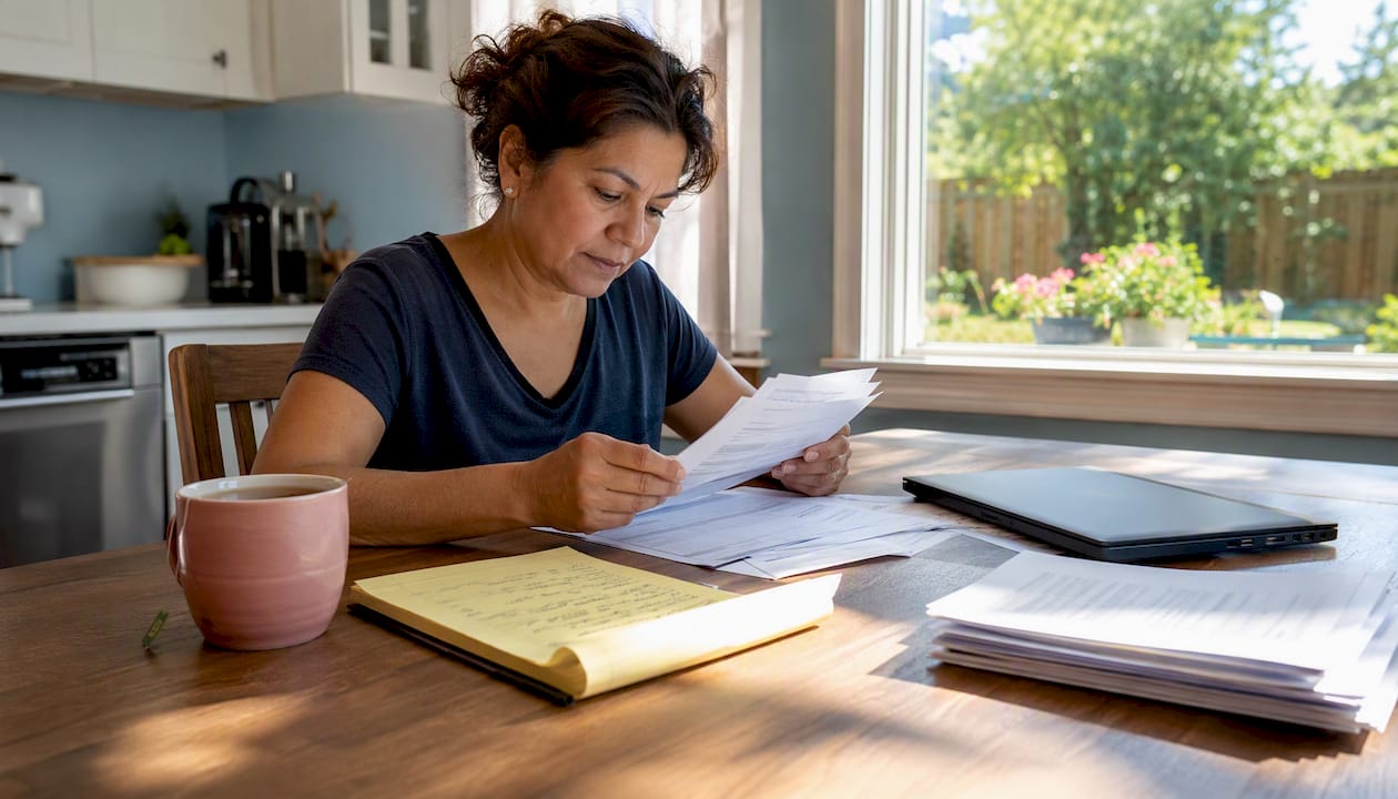 Woman comparing insurance quotes at home desk