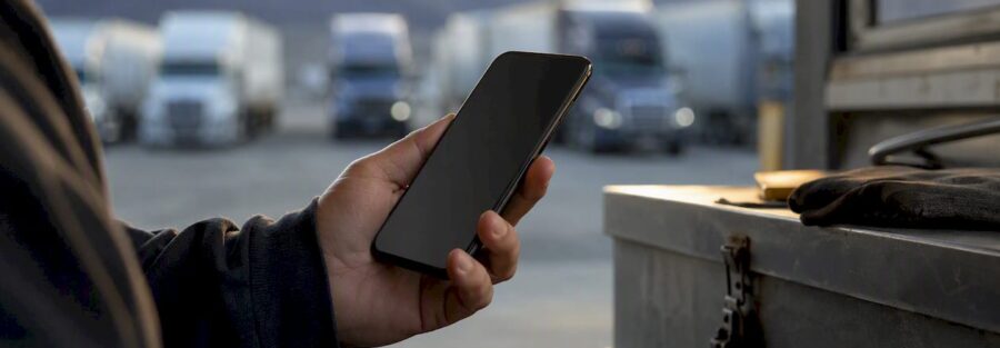 Hand holding phone with trucks blurred behind