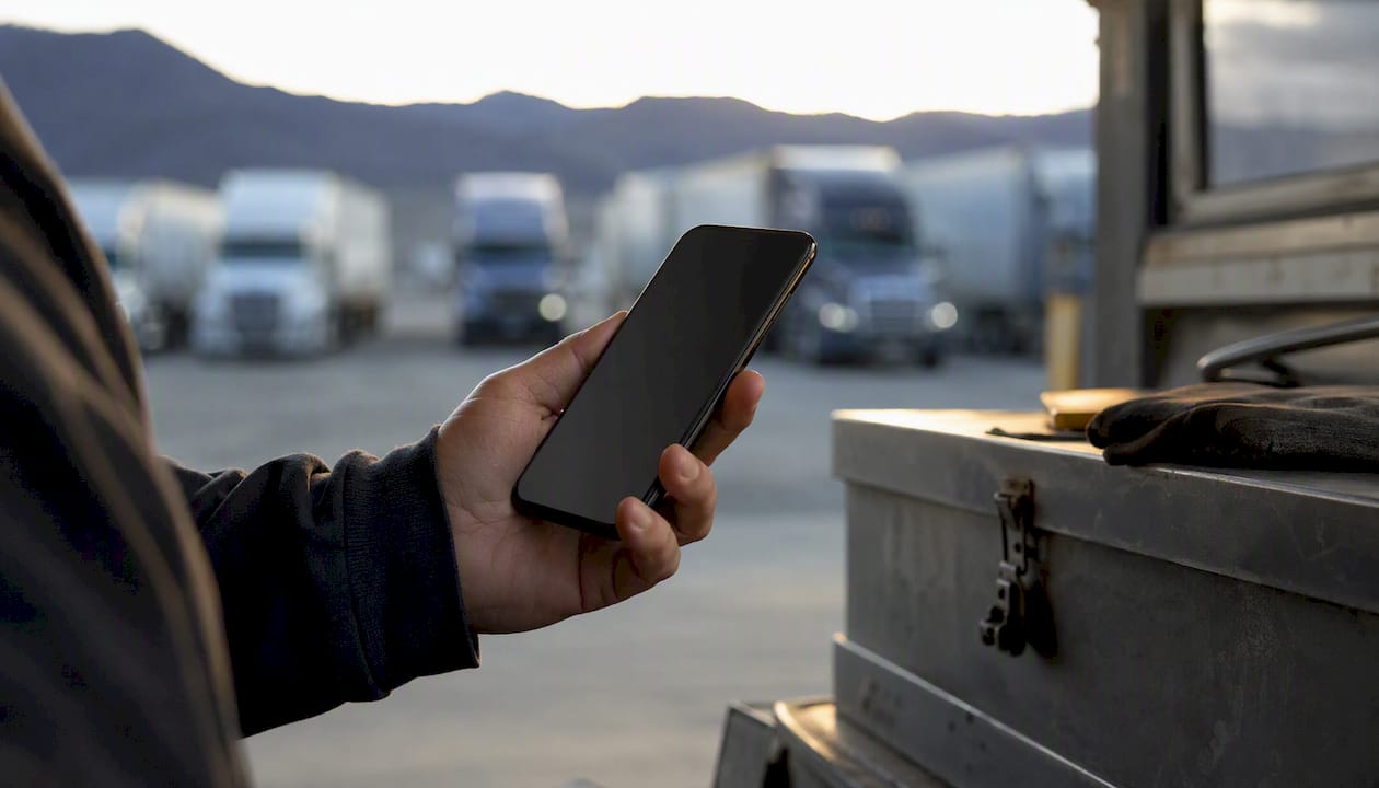 Hand holding phone with trucks blurred behind