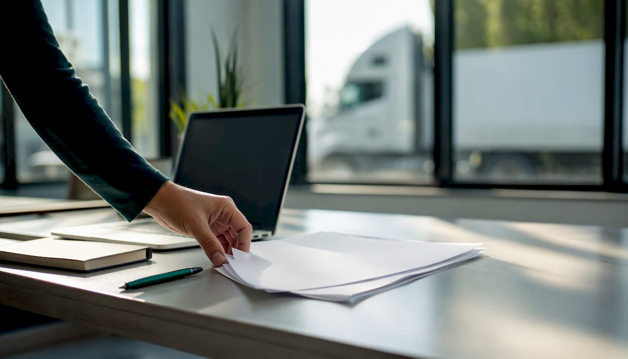 Desk with paperwork and truck mirror silhouette