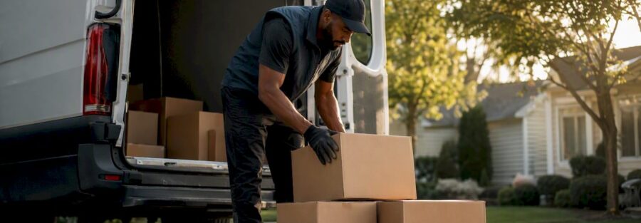 Driver loading packages into delivery van