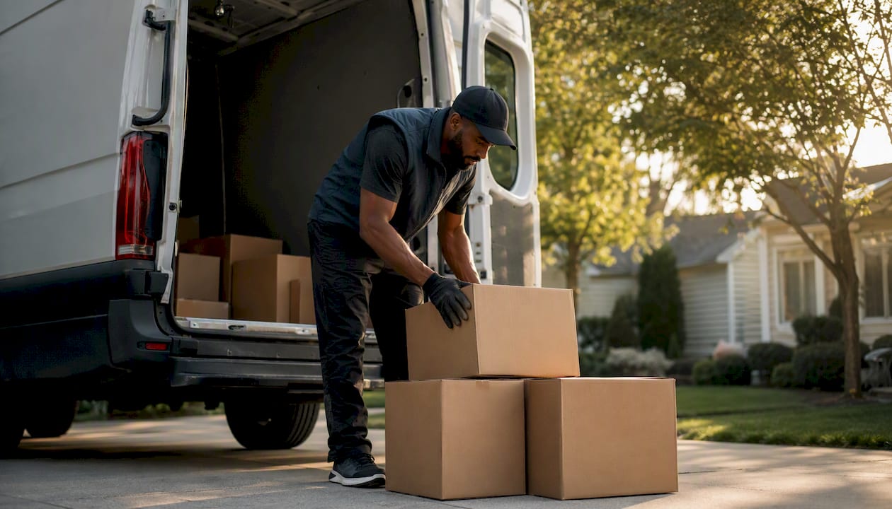 Driver loading packages into delivery van