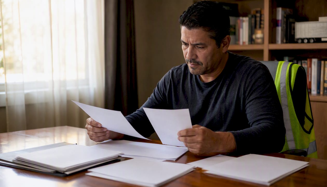 Blank insurance forms on desk with truck tire background