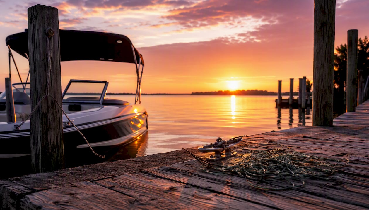 Boat moored at lake dock at sunrise