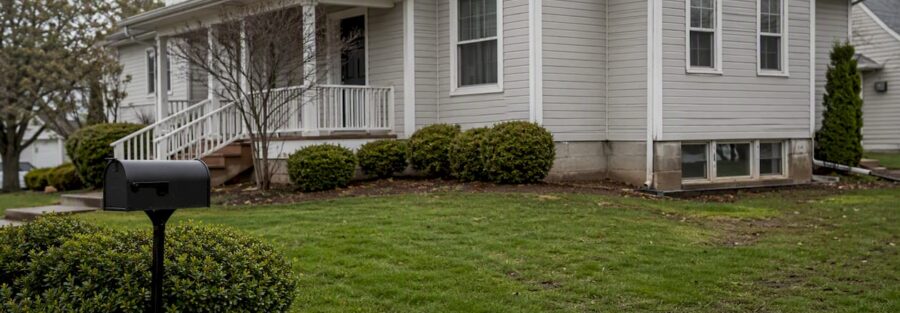 Home exterior in low-risk flood area showing yard and foundation