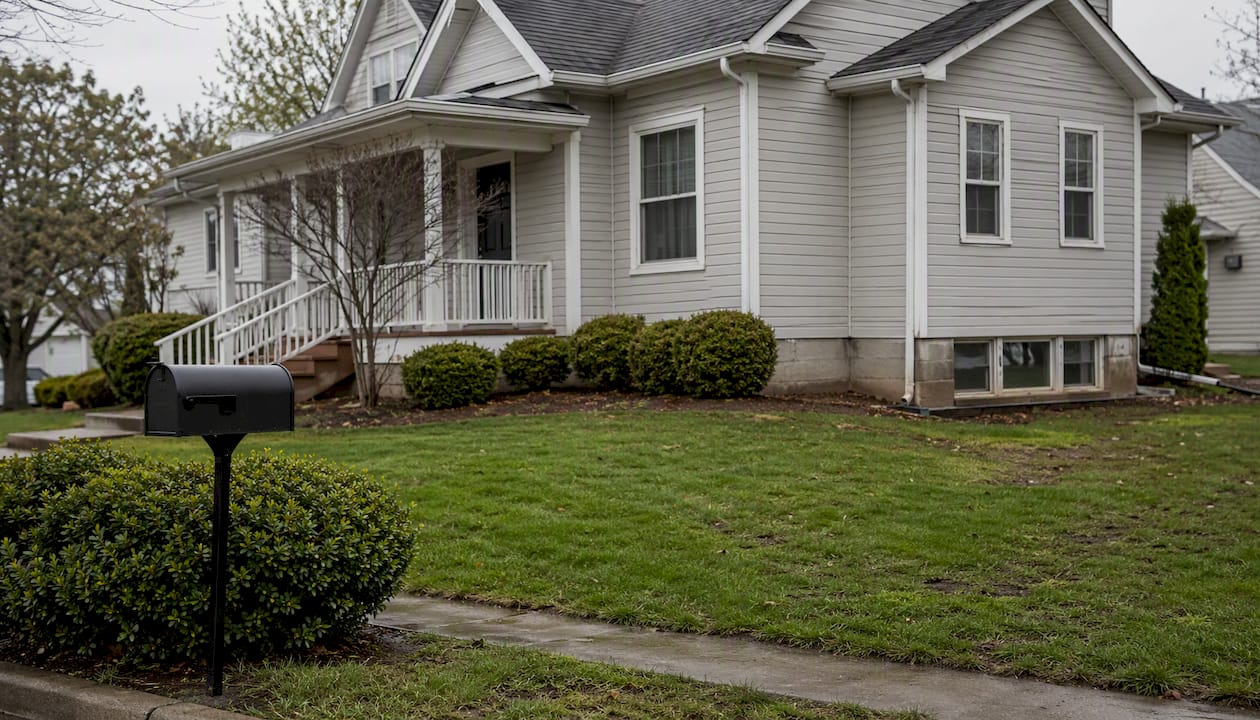 Home exterior in low-risk flood area showing yard and foundation