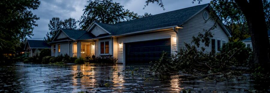 Suburban home partially flooded by rising water