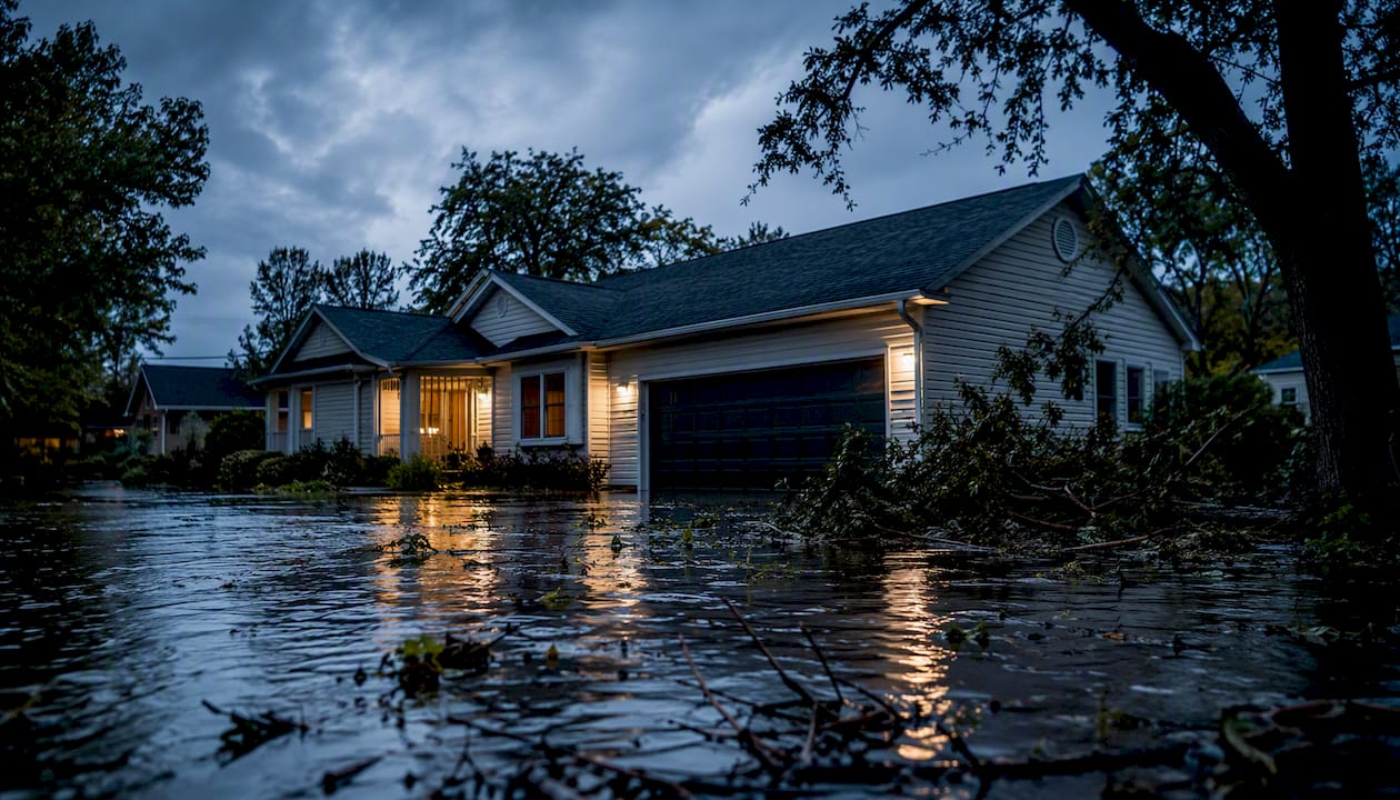 Suburban home partially flooded by rising water