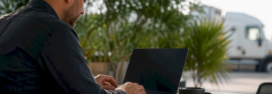 Hands entering data for truck insurance quote