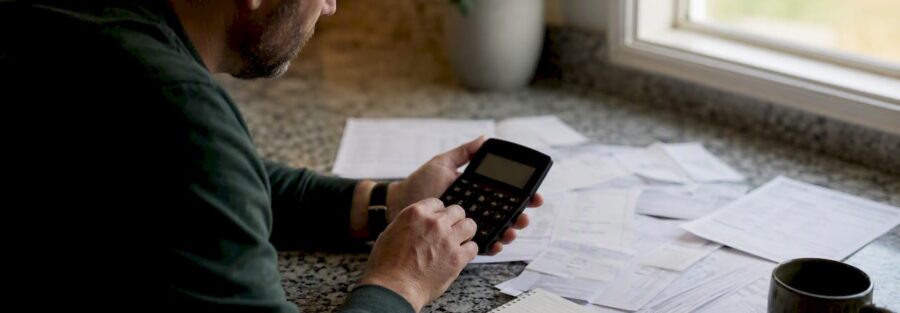 Hands calculating workers' comp insurance costs