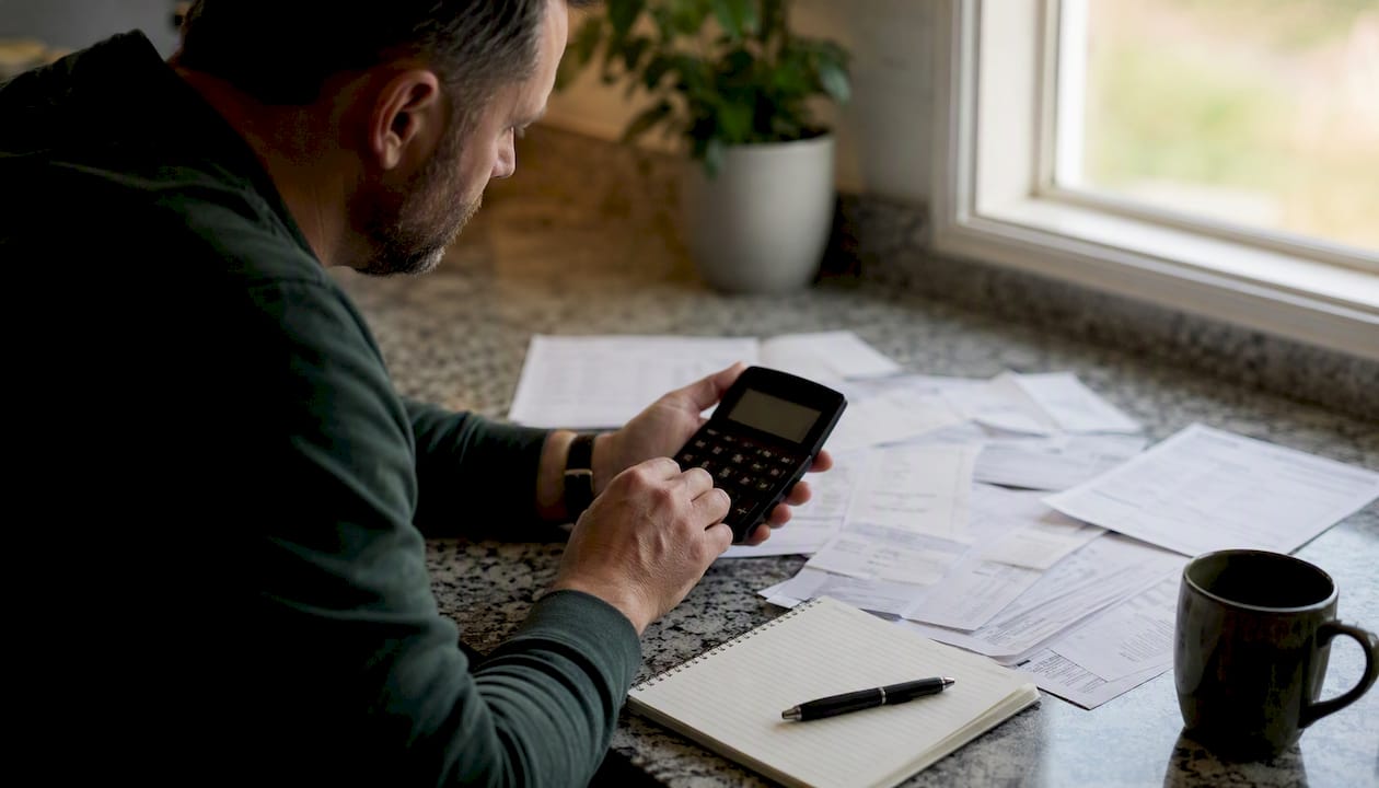 Hands calculating workers' comp insurance costs